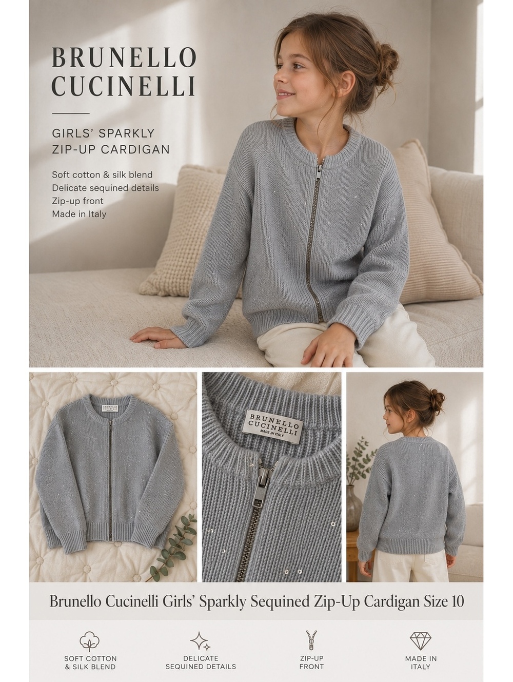 Brunello Cucinelli Girls’ Sparkly Sequin Zip-Up Cardigan Size 10